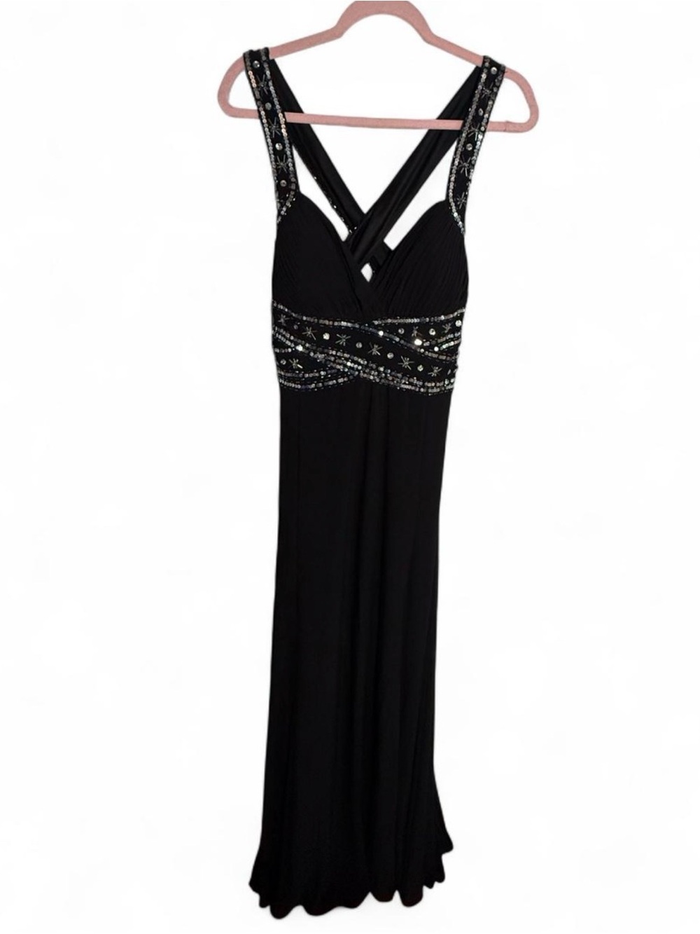 dressbarn Black Beaded Cross-Back Prom Gown